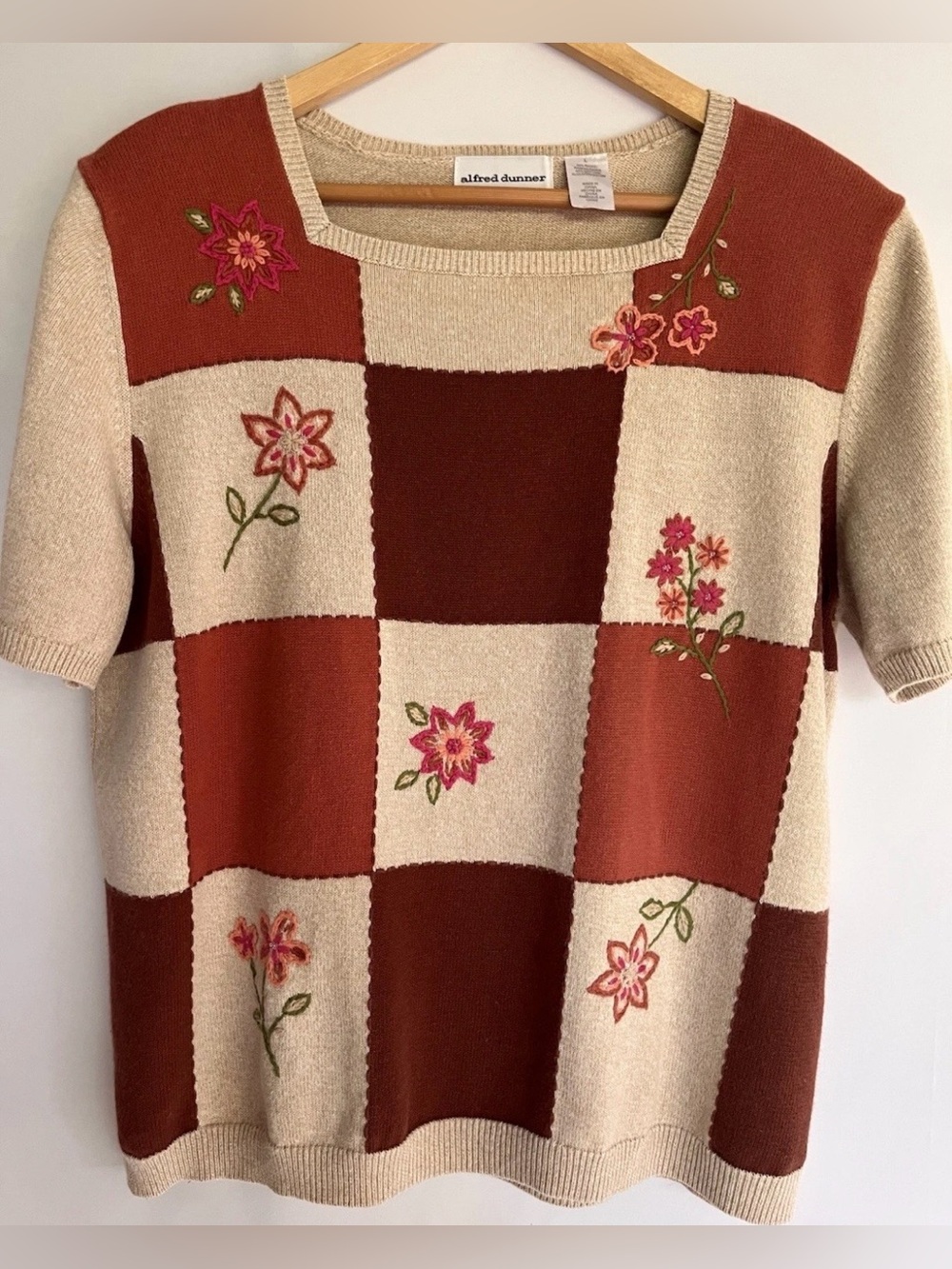 Alfred Dunner Women’s Sweater Square Neck  Embroidered Patchwork Grannycore L